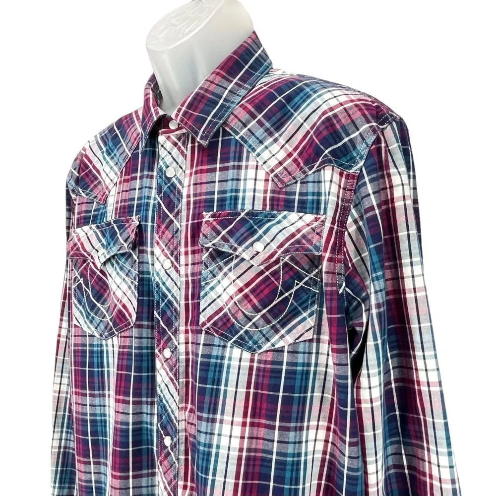 True Religion Mens‎ XL Plaid Western Pearl Snap Shirt Red Blue